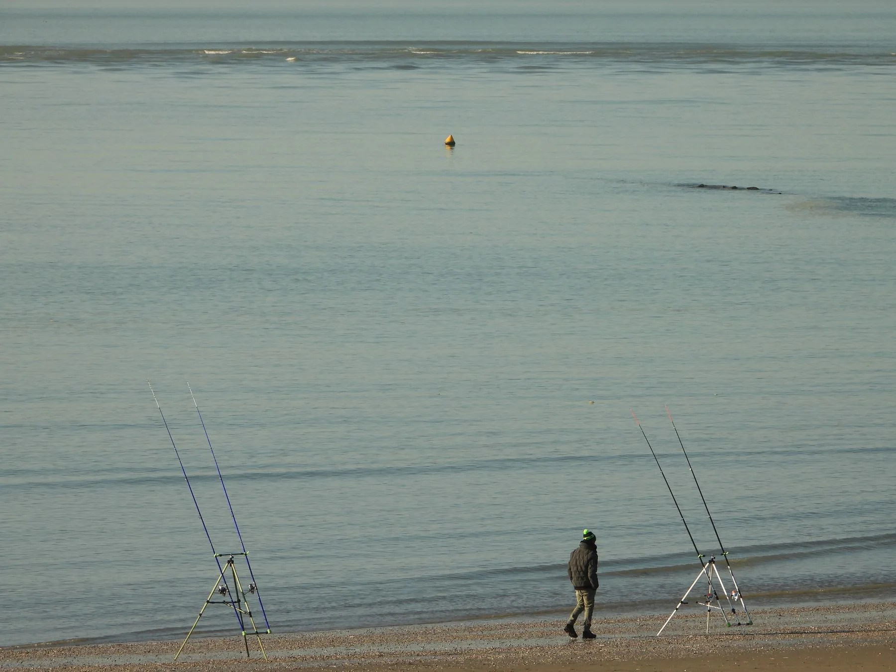 An angler walking along a quiet beach with fishing rods